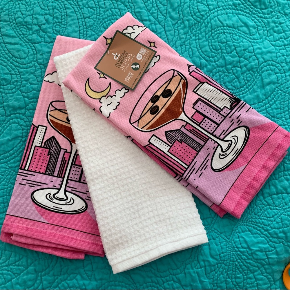 Deborah Connolly Pink Kitchen Towel Set Skyline Cocktail Manhattan New York Club